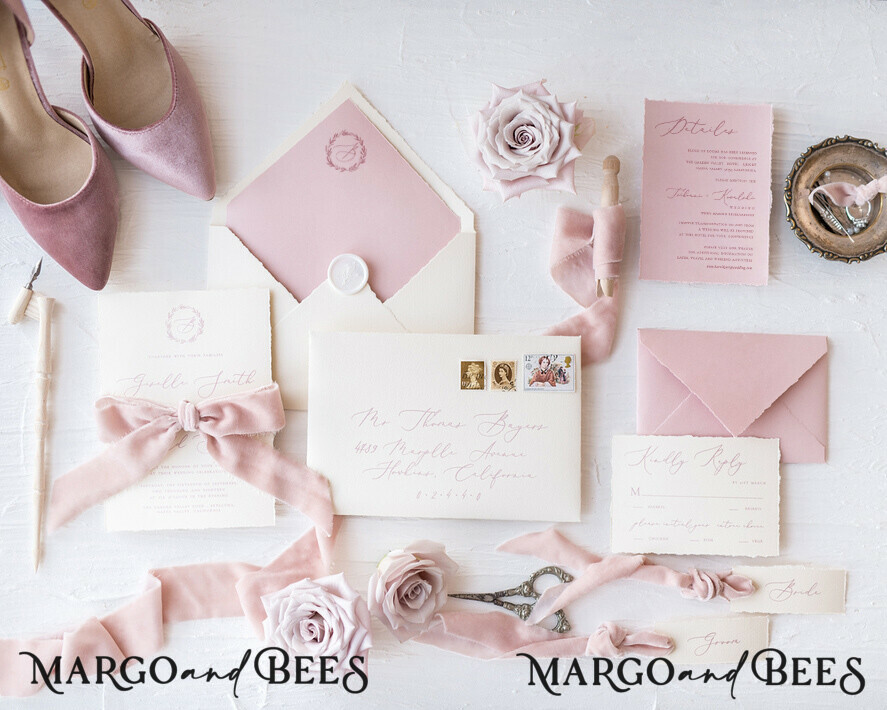 WEDDING INVITATIONS Elegant Invites Classic Cards Elegant Personalized Wedding invitations Minimalist Stationery with Velvet Silk Bow and Fine art calligraphy