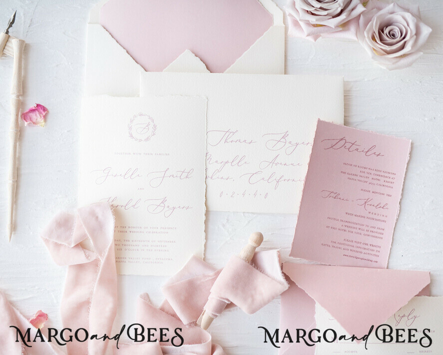 WEDDING INVITATIONS Elegant Invites Classic Cards Elegant Personalized Wedding invitations Minimalist Stationery with Velvet Silk Bow and Fine art calligraphy