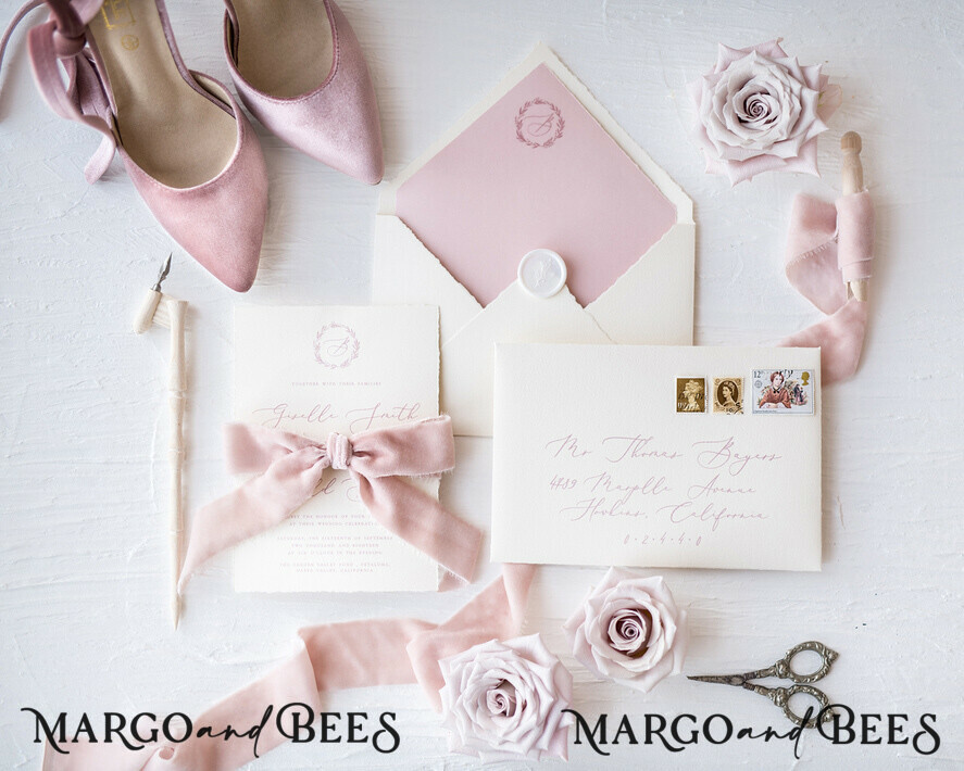 WEDDING INVITATIONS Elegant Invites Classic Cards Elegant Personalized Wedding invitations Minimalist Stationery with Velvet Silk Bow and Fine art calligraphy