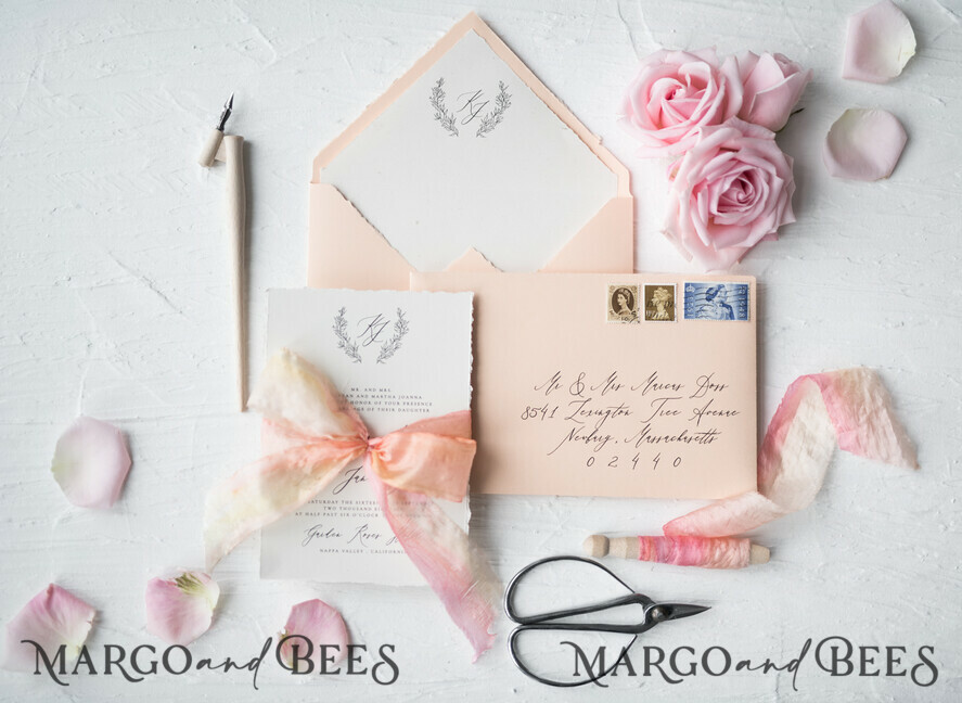 WEDDING INVITATIONS Elegant Invites Classic Cards Fairytale Minimalist Wedding Invitations Fine Art Stationery with Floral Sketch Silk Velvet Bow Peach Envelope with Monogram Liner