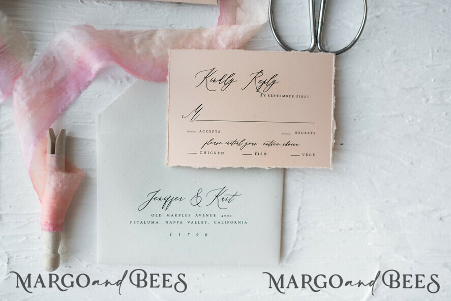 WEDDING INVITATIONS Elegant Invites Classic Cards Fairytale Minimalist Wedding Invitations Fine Art Stationery with Floral Sketch Silk Velvet Bow Peach Envelope with Monogram Liner