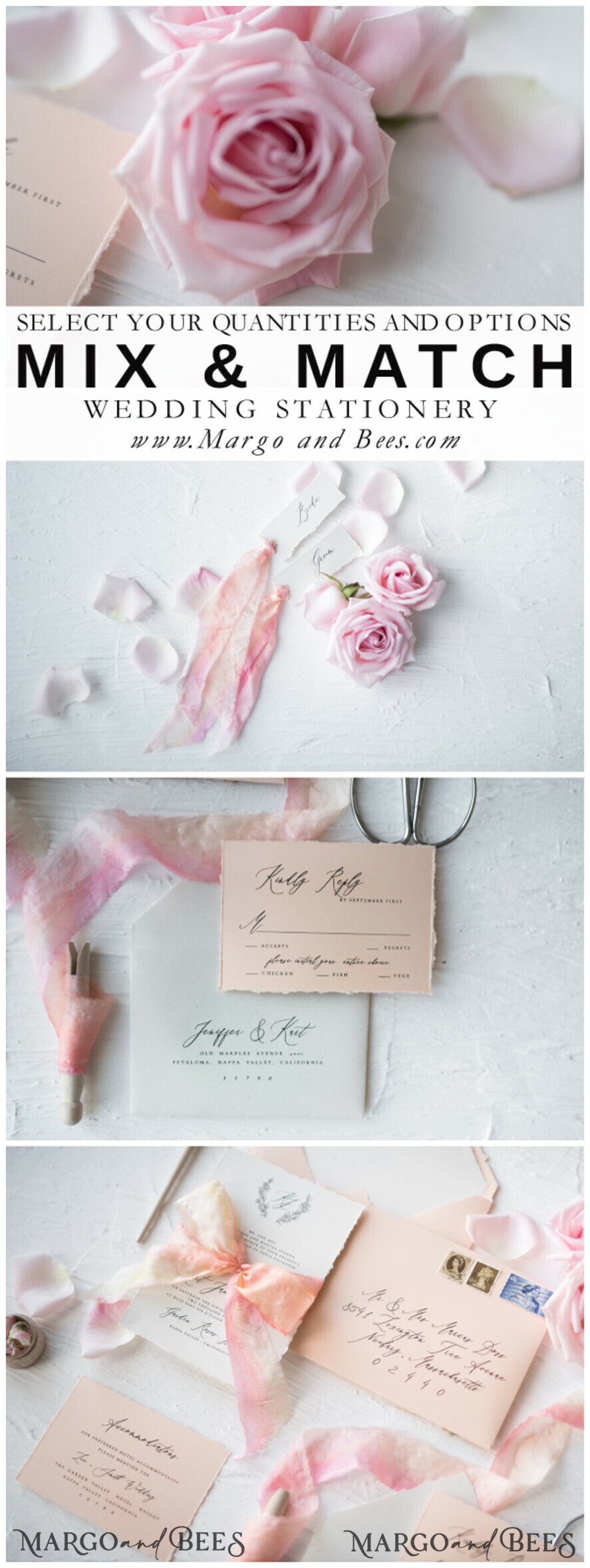 WEDDING INVITATIONS Elegant Invites Classic Cards Fairytale Minimalist Wedding Invitations Fine Art Stationery with Floral Sketch Silk Velvet Bow Peach Envelope with Monogram Liner