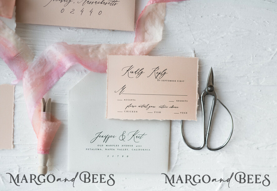WEDDING INVITATIONS Elegant Invites Classic Cards Fairytale Minimalist Wedding Invitations Fine Art Stationery with Floral Sketch Silk Velvet Bow Peach Envelope with Monogram Liner