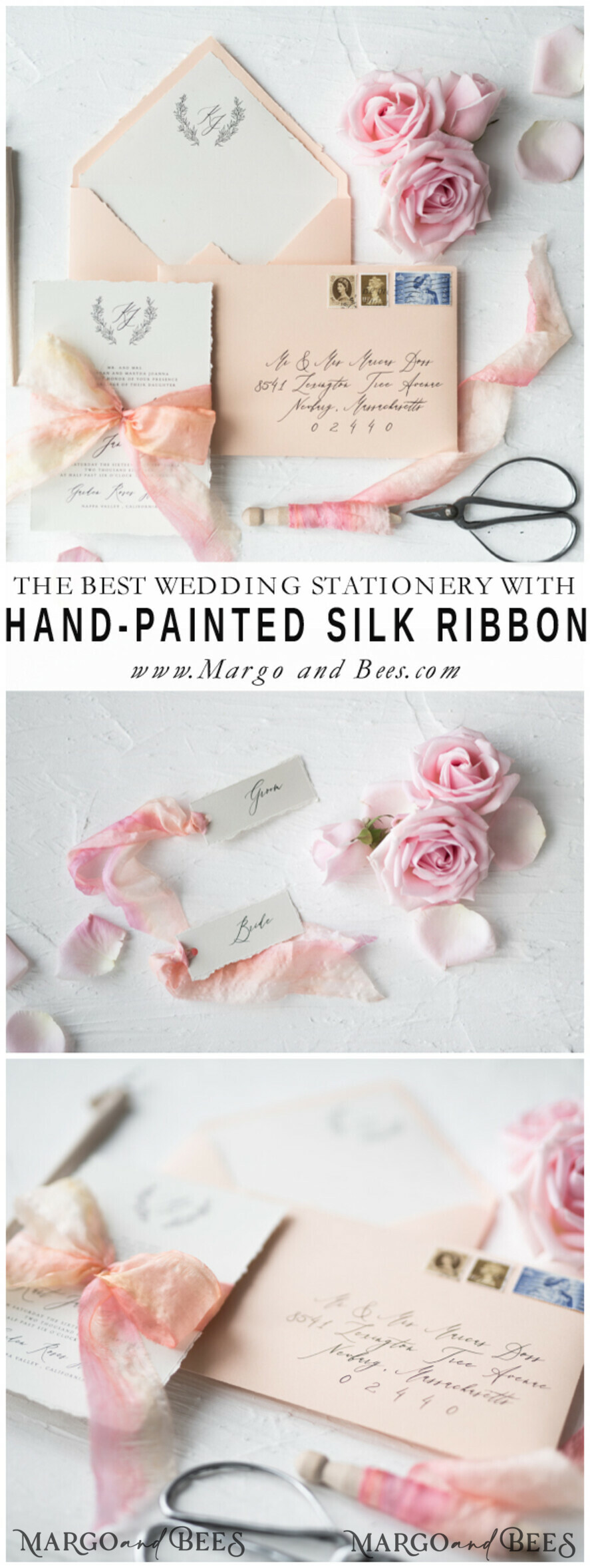WEDDING INVITATIONS Elegant Invites Classic Cards Fairytale Minimalist Wedding Invitations Fine Art Stationery with Floral Sketch Silk Velvet Bow Peach Envelope with Monogram Liner