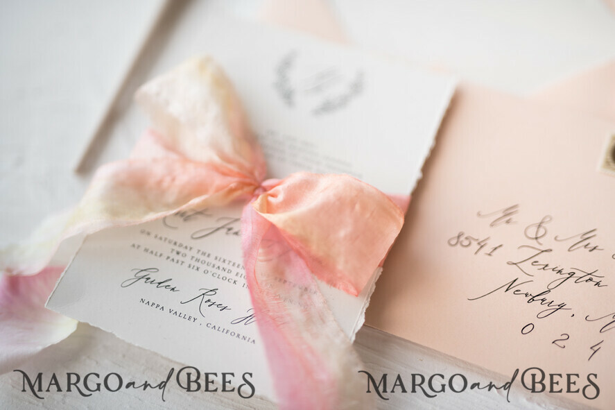 WEDDING INVITATIONS Elegant Invites Classic Cards Fairytale Minimalist Wedding Invitations Fine Art Stationery with Floral Sketch Silk Velvet Bow Peach Envelope with Monogram Liner