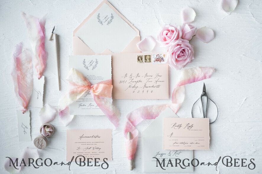 WEDDING INVITATIONS Elegant Invites Classic Cards Fairytale Minimalist Wedding Invitations Fine Art Stationery with Floral Sketch Silk Velvet Bow Peach Envelope with Monogram Liner