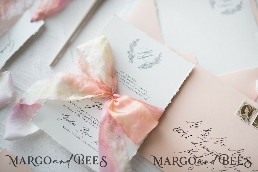 WEDDING INVITATIONS Elegant Invites Classic Cards Fairytale Minimalist Wedding Invitations Fine Art Stationery with Floral Sketch Silk Velvet Bow Peach Envelope with Monogram Liner