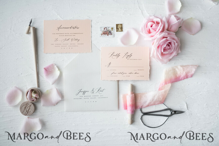 WEDDING INVITATIONS Elegant Invites Classic Cards Fairytale Minimalist Wedding Invitations Fine Art Stationery with Floral Sketch Silk Velvet Bow Peach Envelope with Monogram Liner