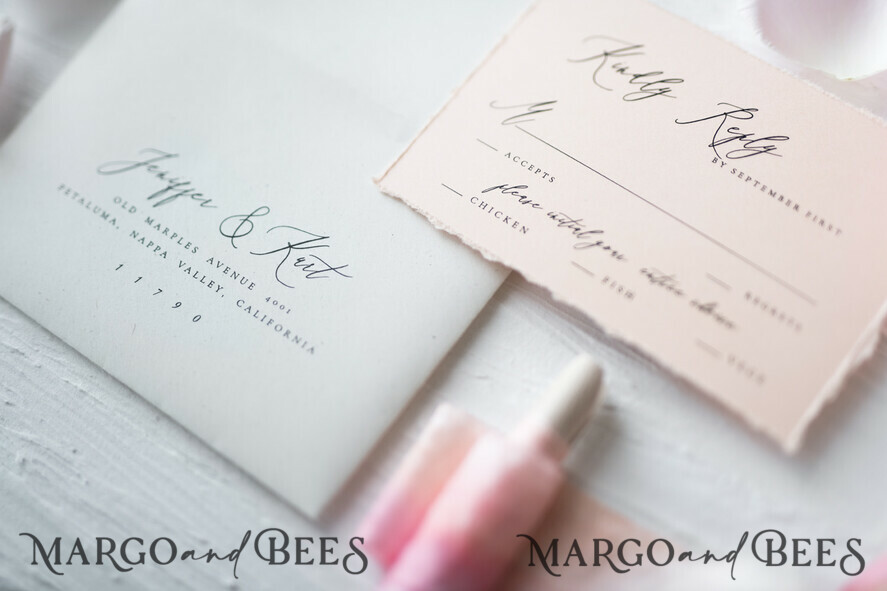 WEDDING INVITATIONS Elegant Invites Classic Cards Fairytale Minimalist Wedding Invitations Fine Art Stationery with Floral Sketch Silk Velvet Bow Peach Envelope with Monogram Liner