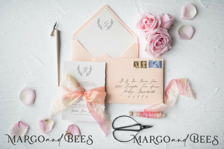 WEDDING INVITATIONS Elegant Invites Classic Cards Fairytale Minimalist Wedding Invitations Fine Art Stationery with Floral Sketch Silk Velvet Bow Peach Envelope with Monogram Liner
