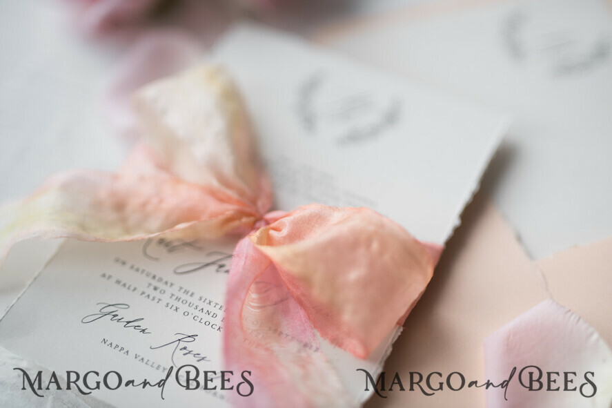 WEDDING INVITATIONS Elegant Invites Classic Cards Fairytale Minimalist Wedding Invitations Fine Art Stationery with Floral Sketch Silk Velvet Bow Peach Envelope with Monogram Liner
