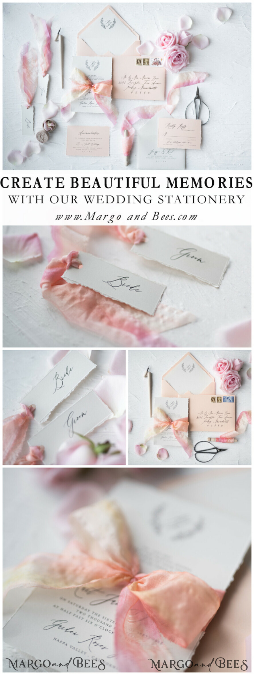 WEDDING INVITATIONS Elegant Invites Classic Cards Fairytale Minimalist Wedding Invitations Fine Art Stationery with Floral Sketch Silk Velvet Bow Peach Envelope with Monogram Liner