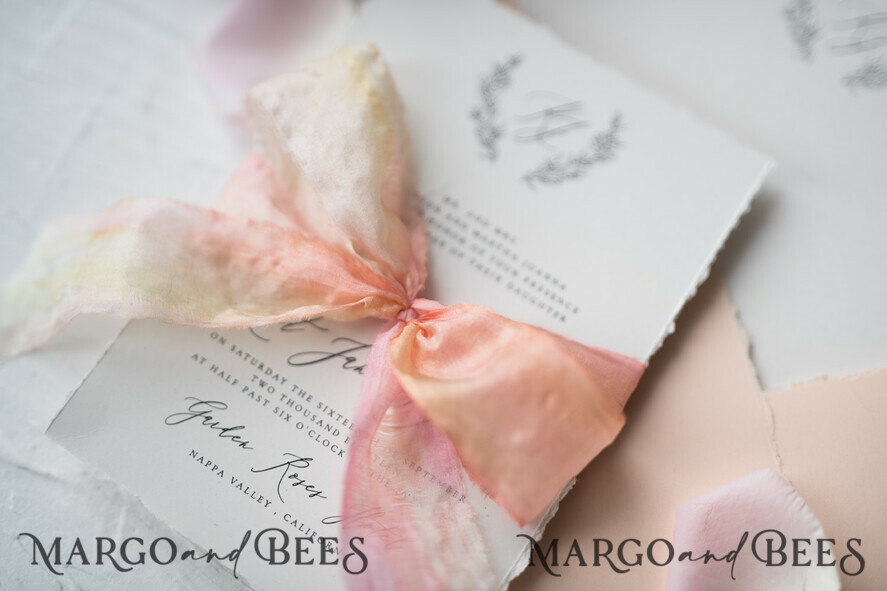 WEDDING INVITATIONS Elegant Invites Classic Cards Fairytale Minimalist Wedding Invitations Fine Art Stationery with Floral Sketch Silk Velvet Bow Peach Envelope with Monogram Liner