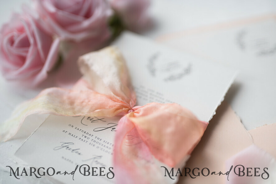 WEDDING INVITATIONS Elegant Invites Classic Cards Fairytale Minimalist Wedding Invitations Fine Art Stationery with Floral Sketch Silk Velvet Bow Peach Envelope with Monogram Liner