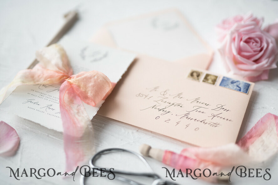 WEDDING INVITATIONS Elegant Invites Classic Cards Fairytale Minimalist Wedding Invitations Fine Art Stationery with Floral Sketch Silk Velvet Bow Peach Envelope with Monogram Liner