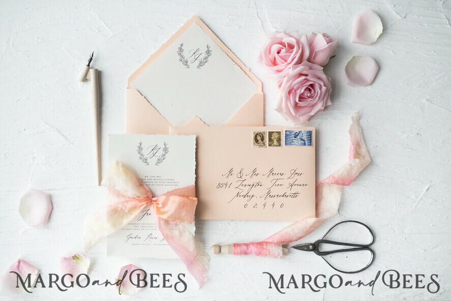 WEDDING INVITATIONS Elegant Invites Classic Cards Fairytale Minimalist Wedding Invitations Fine Art Stationery with Floral Sketch Silk Velvet Bow Peach Envelope with Monogram Liner