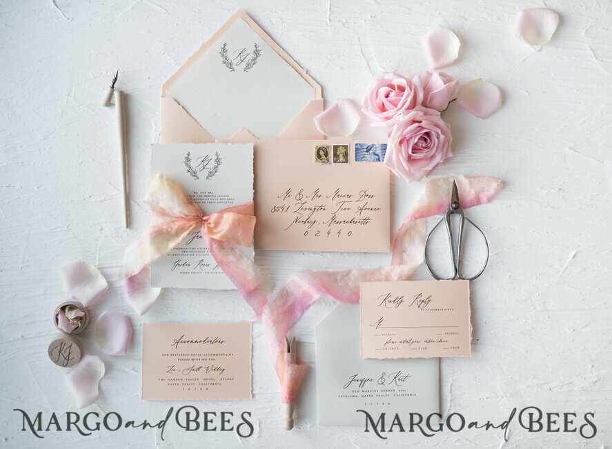 WEDDING INVITATIONS Elegant Invites Classic Cards Fairytale Minimalist Wedding Invitations Fine Art Stationery with Floral Sketch Silk Velvet Bow Peach Envelope with Monogram Liner