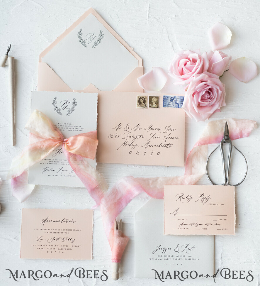WEDDING INVITATIONS Elegant Invites Classic Cards Fairytale Minimalist Wedding Invitations Fine Art Stationery with Floral Sketch Silk Velvet Bow Peach Envelope with Monogram Liner