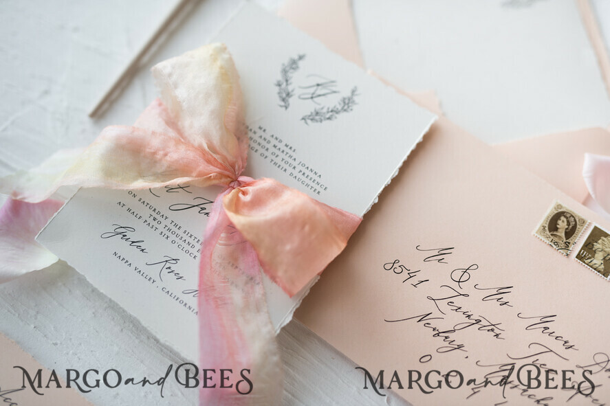 WEDDING INVITATIONS Elegant Invites Classic Cards Fairytale Minimalist Wedding Invitations Fine Art Stationery with Floral Sketch Silk Velvet Bow Peach Envelope with Monogram Liner
