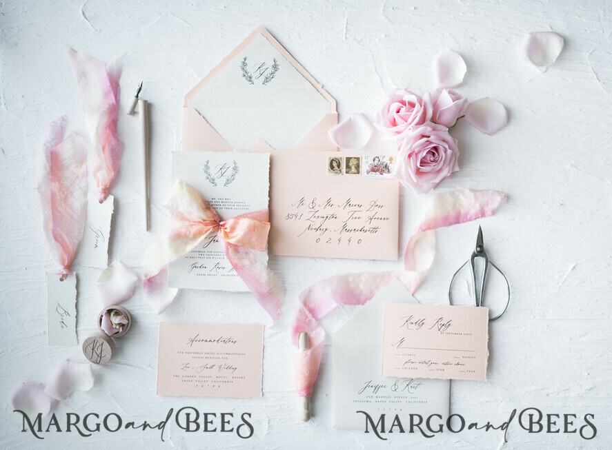WEDDING INVITATIONS Elegant Invites Classic Cards Fairytale Minimalist Wedding Invitations Fine Art Stationery with Floral Sketch Silk Velvet Bow Peach Envelope with Monogram Liner