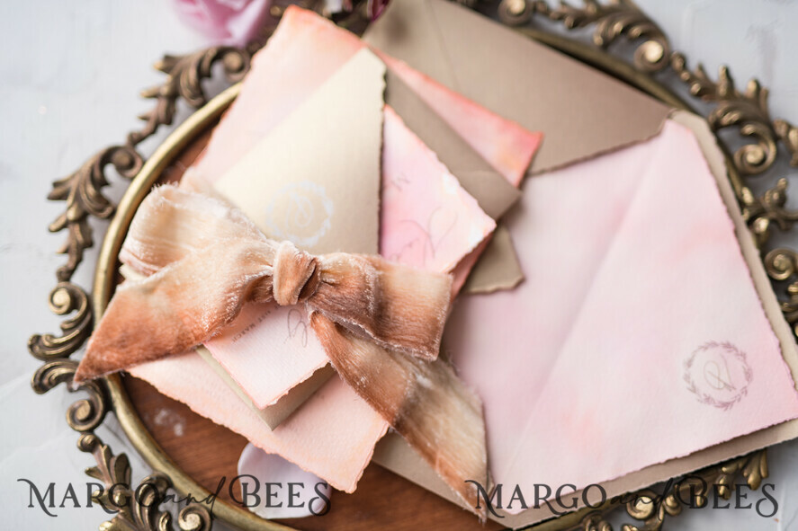 WEDDING INVITATIONS Elegant Invites Classic Cards HansPainted Wedding Invitations Fine Art BlushPink Stationery with HandMade Silk Bow and Wax Seal Gold Envelope