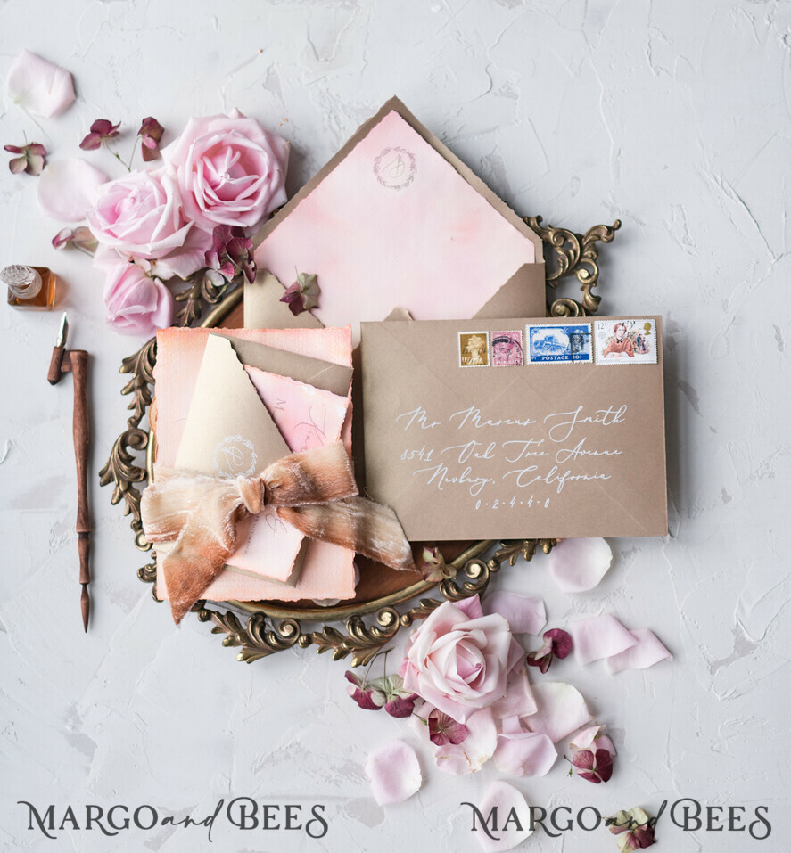 WEDDING INVITATIONS Elegant Invites Classic Cards HansPainted Wedding Invitations Fine Art BlushPink Stationery with HandMade Silk Bow and Wax Seal Gold Envelope