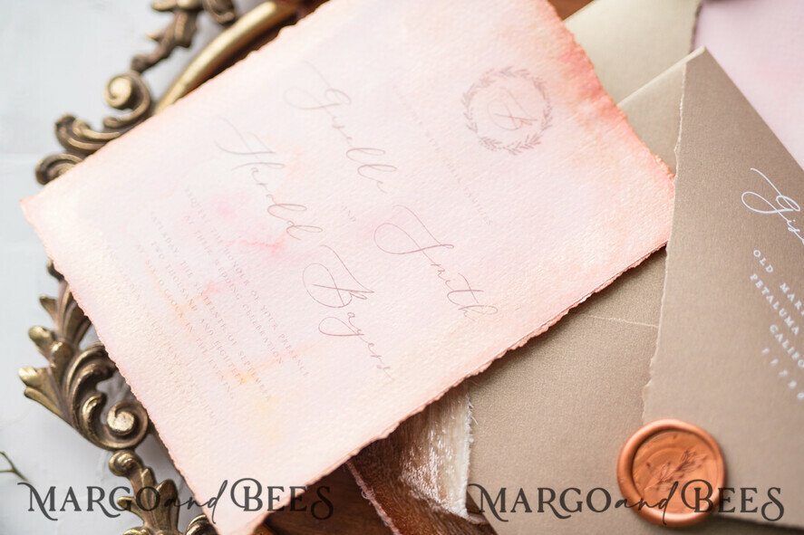 WEDDING INVITATIONS Elegant Invites Classic Cards HansPainted Wedding Invitations Fine Art BlushPink Stationery with HandMade Silk Bow and Wax Seal Gold Envelope