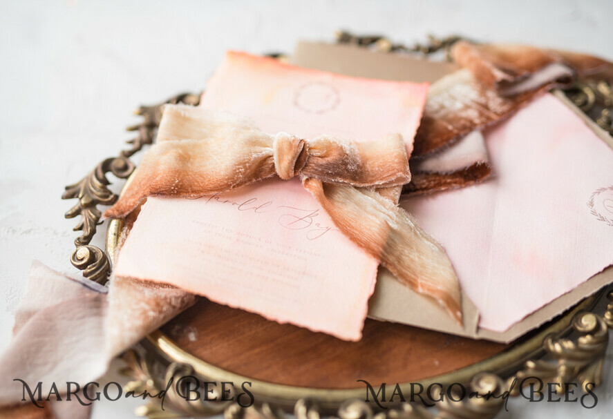 WEDDING INVITATIONS Elegant Invites Classic Cards HansPainted Wedding Invitations Fine Art BlushPink Stationery with HandMade Silk Bow and Wax Seal Gold Envelope