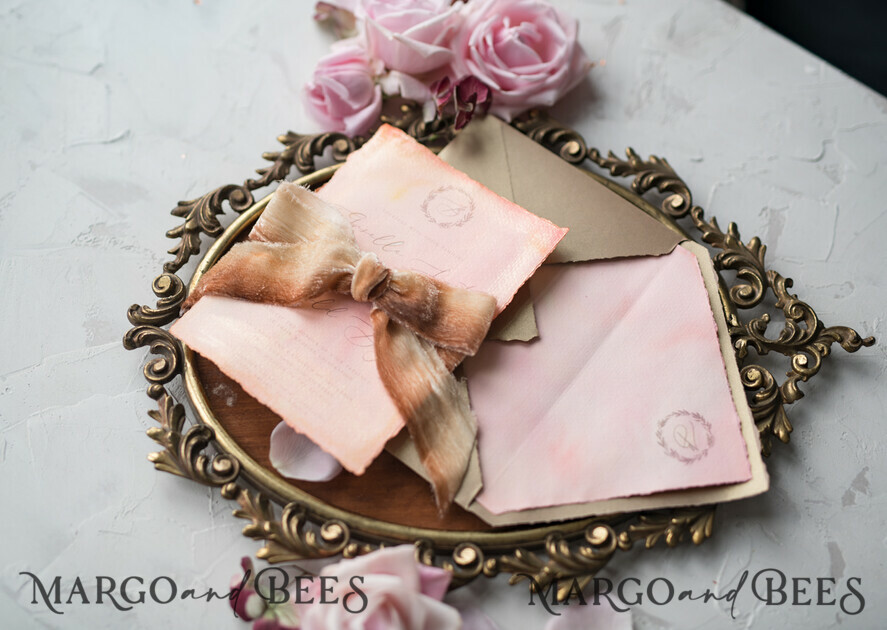 WEDDING INVITATIONS Elegant Invites Classic Cards HansPainted Wedding Invitations Fine Art BlushPink Stationery with HandMade Silk Bow and Wax Seal Gold Envelope