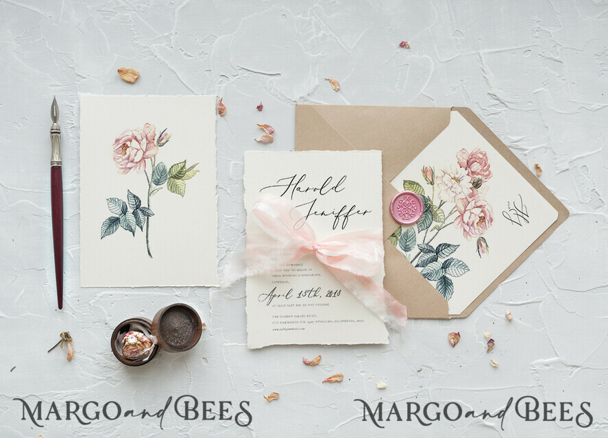 WEDDING INVITATIONS Elegant Invites Classic Cards Fairytale Minimalist Wedding Invitations Fine Art Stationery with Handmade Silk Bow Peach Envelope with Garden Roses Liner