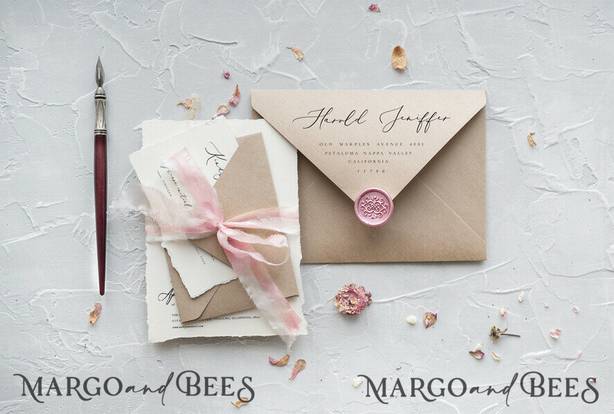 WEDDING INVITATIONS Elegant Invites Classic Cards Fairytale Minimalist Wedding Invitations Fine Art Stationery with Handmade Silk Bow Peach Envelope with Garden Roses Liner