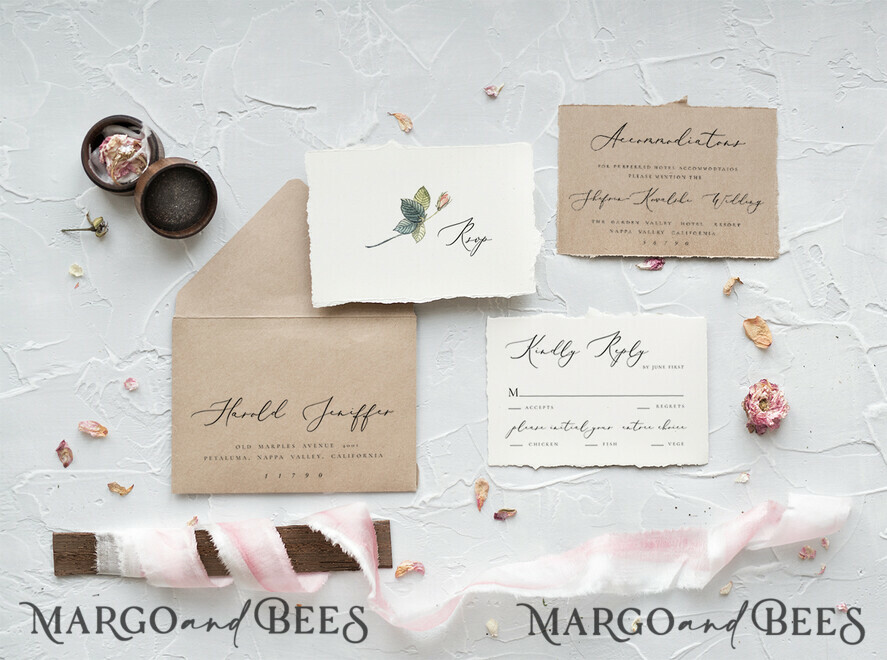 WEDDING INVITATIONS Elegant Invites Classic Cards Fairytale Minimalist Wedding Invitations Fine Art Stationery with Handmade Silk Bow Peach Envelope with Garden Roses Liner