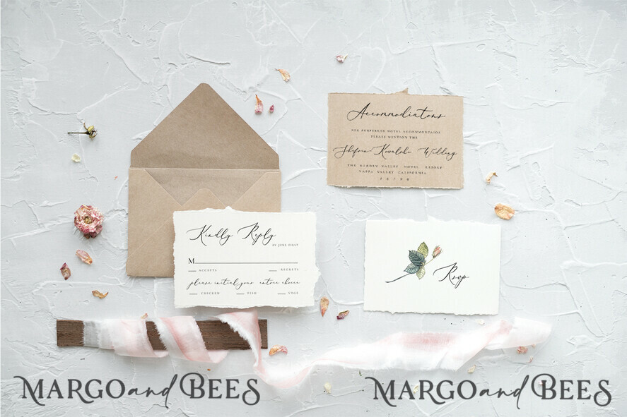 WEDDING INVITATIONS Elegant Invites Classic Cards Fairytale Minimalist Wedding Invitations Fine Art Stationery with Handmade Silk Bow Peach Envelope with Garden Roses Liner