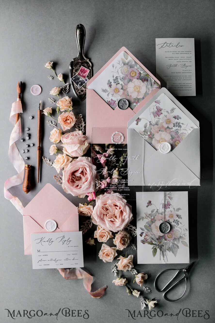 WEDDING INVITATIONS Elegant Invites Classic Cards Blossom Personalized Wedding invitations Transparent Stationery with Vellum and Wax Seal