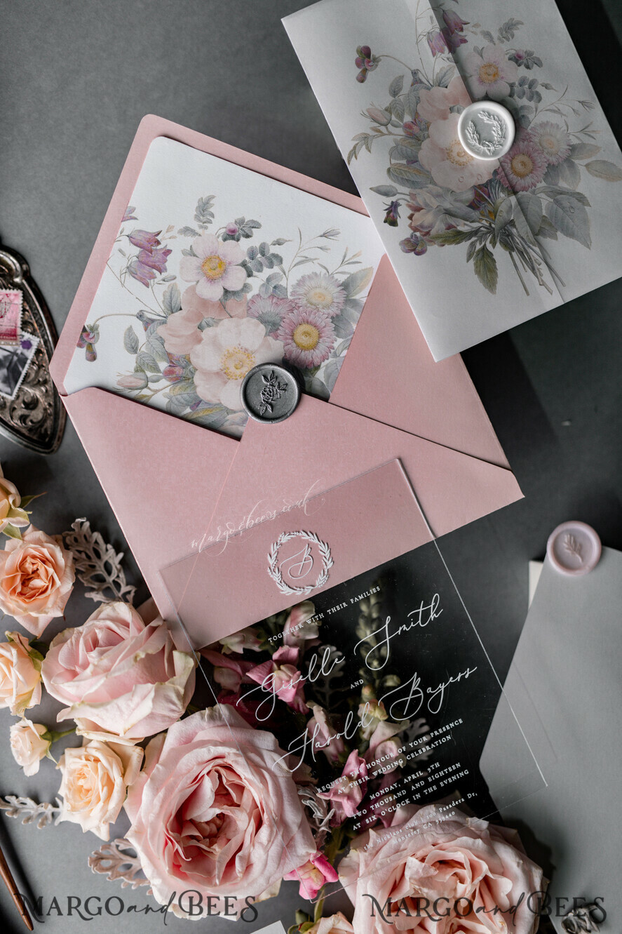 WEDDING INVITATIONS Elegant Invites Classic Cards Blossom Personalized Wedding invitations Transparent Stationery with Vellum and Wax Seal