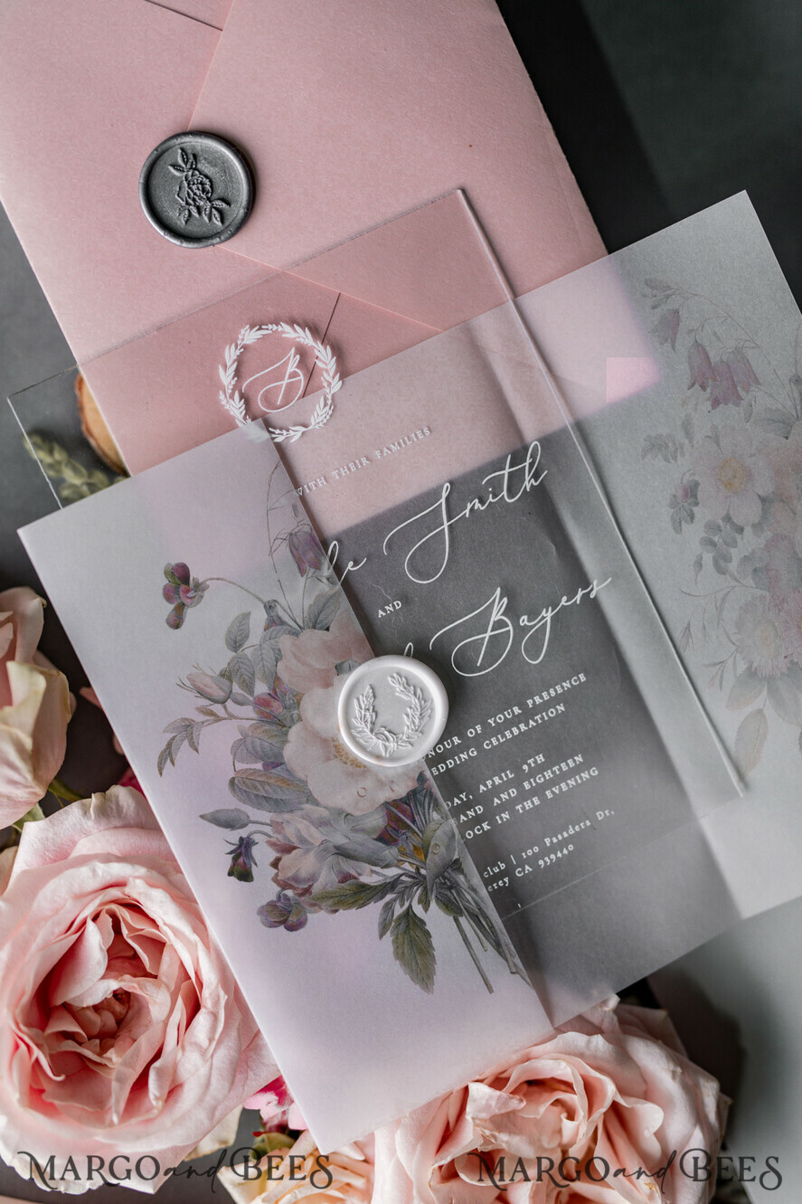 WEDDING INVITATIONS Elegant Invites Classic Cards Blossom Personalized Wedding invitations Transparent Stationery with Vellum and Wax Seal