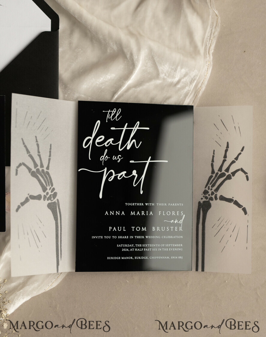 WEDDING INVITATIONS Elegant Invites Classic Cards Black Halloween wedding invitation set, Gloss Black Acrylic Invites, Goth Wedding Stationery, skeleton lovers black plexi wedding invitations set