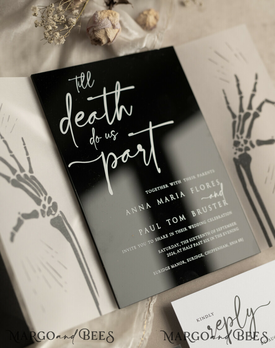 WEDDING INVITATIONS Elegant Invites Classic Cards Black Halloween wedding invitation set, Gloss Black Acrylic Invites, Goth Wedding Stationery, skeleton lovers black plexi wedding invitations set