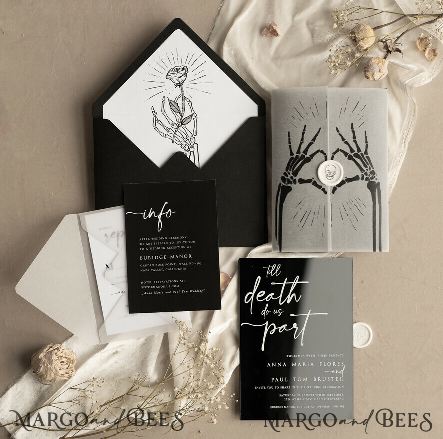WEDDING INVITATIONS Elegant Invites Classic Cards Black Halloween wedding invitation set, Gloss Black Acrylic Invites, Goth Wedding Stationery, skeleton lovers black plexi wedding invitations set