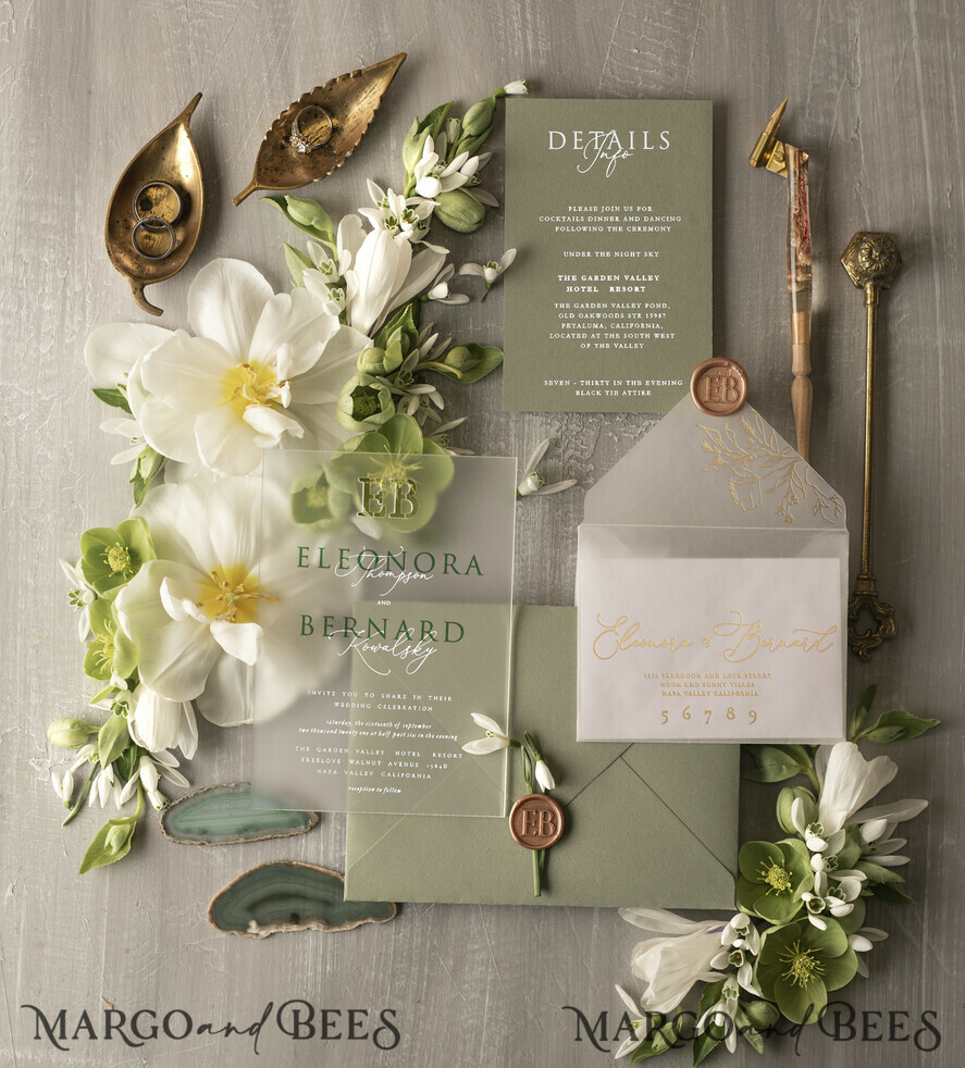 WEDDING INVITATIONS Elegant Invites Classic Cards Stylish clear green wedding invitation Monogram, sage green invitation suite, pistachio moss green stationery