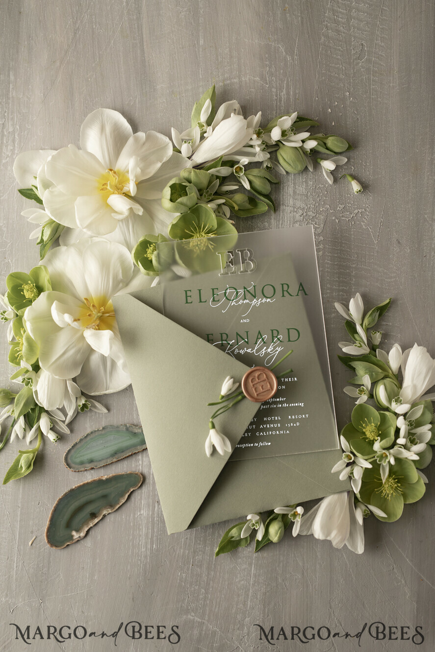 WEDDING INVITATIONS Elegant Invites Classic Cards Stylish clear green wedding invitation Monogram, sage green invitation suite, pistachio moss green stationery