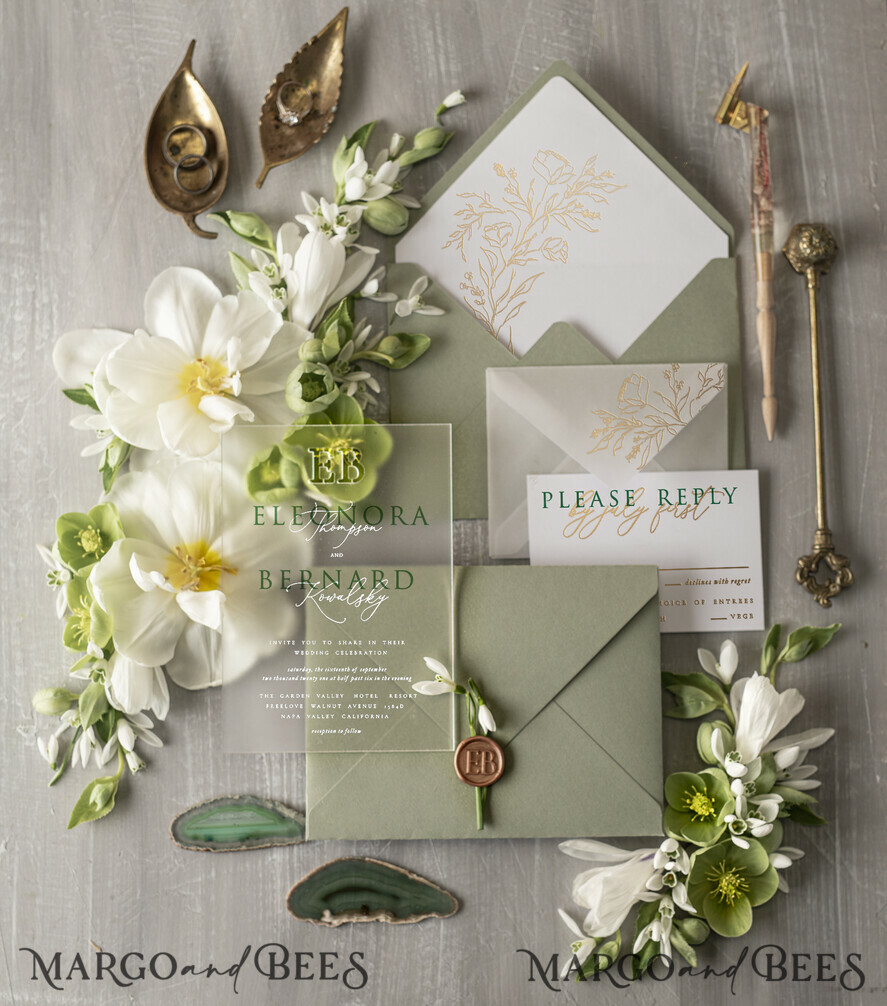 WEDDING INVITATIONS Elegant Invites Classic Cards Stylish clear green wedding invitation Monogram, sage green invitation suite, pistachio moss green stationery