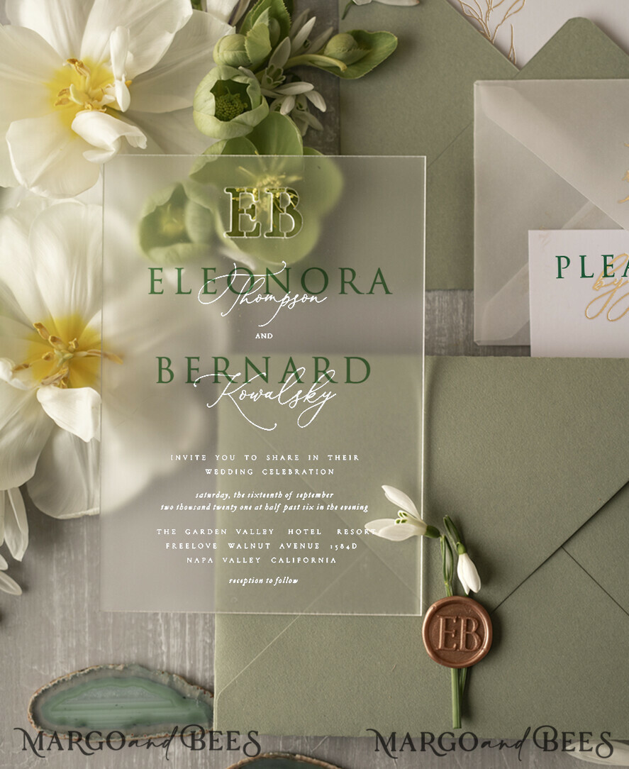 WEDDING INVITATIONS Elegant Invites Classic Cards Stylish clear green wedding invitation Monogram, sage green invitation suite, pistachio moss green stationery