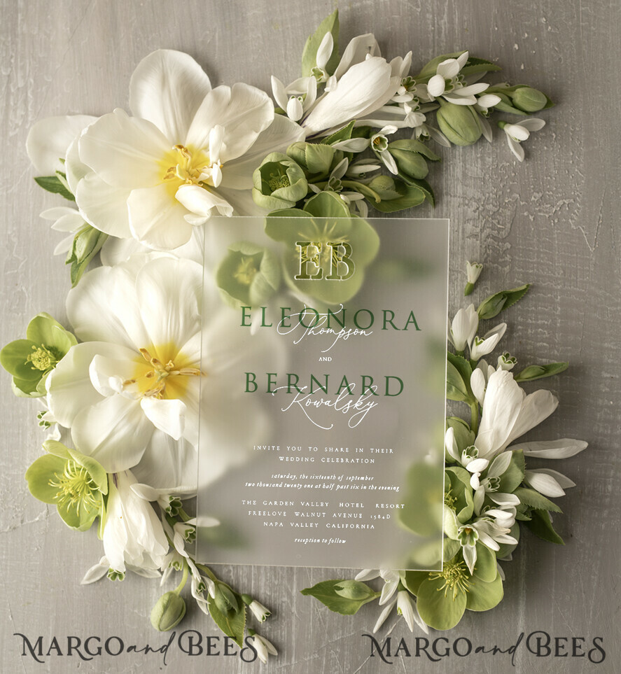 WEDDING INVITATIONS Elegant Invites Classic Cards Stylish clear green wedding invitation Monogram, sage green invitation suite, pistachio moss green stationery