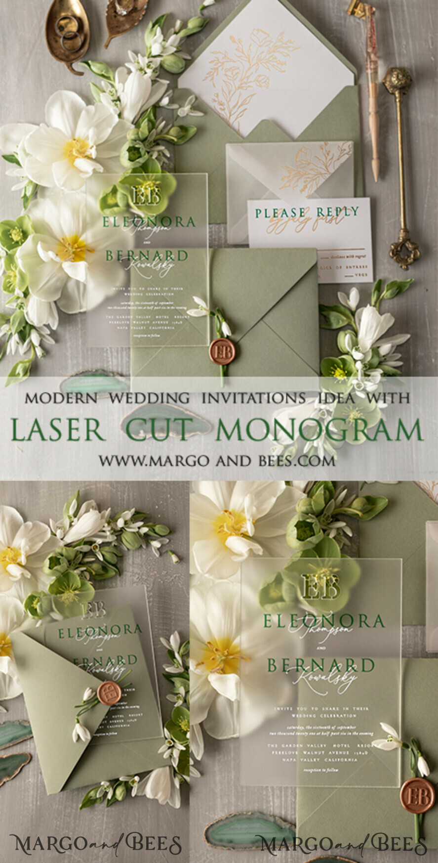 WEDDING INVITATIONS Elegant Invites Classic Cards Stylish clear green wedding invitation Monogram, sage green invitation suite, pistachio moss green stationery