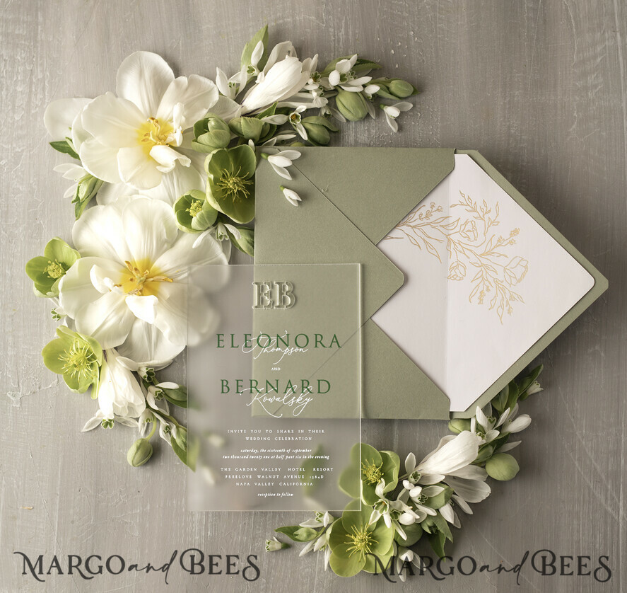 WEDDING INVITATIONS Elegant Invites Classic Cards Stylish clear green wedding invitation Monogram, sage green invitation suite, pistachio moss green stationery