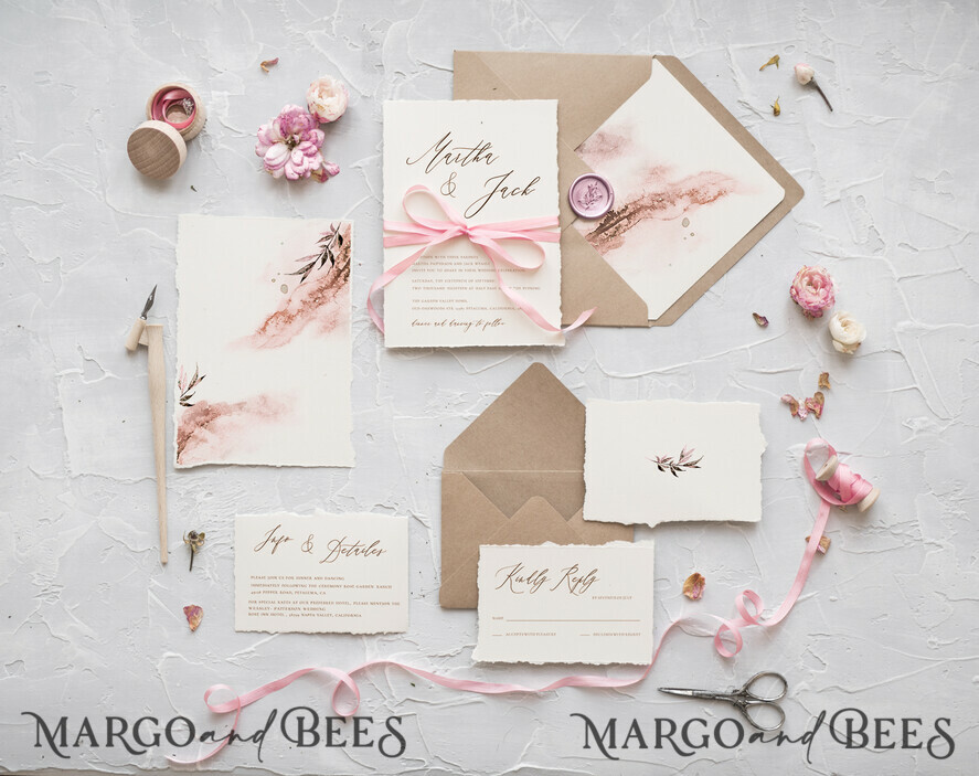 WEDDING INVITATIONS Elegant Invites Classic Cards Bespoke Wedding Invitations Minimalist Stationery with Silk Bow Cotton Ivory Paper Envelope ombre Liner