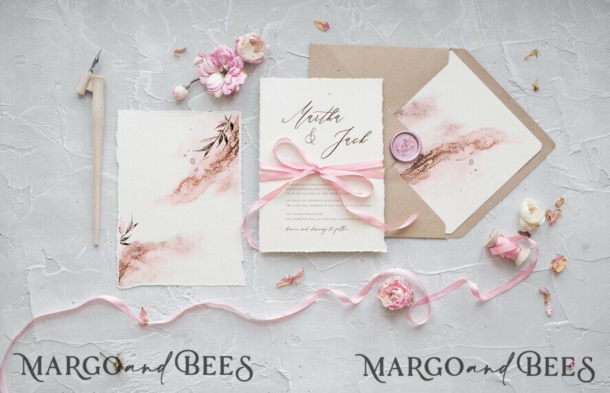 WEDDING INVITATIONS Elegant Invites Classic Cards Bespoke Wedding Invitations Minimalist Stationery with Silk Bow Cotton Ivory Paper Envelope ombre Liner