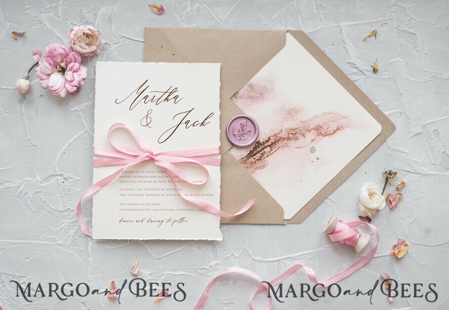 WEDDING INVITATIONS Elegant Invites Classic Cards Bespoke Wedding Invitations Minimalist Stationery with Silk Bow Cotton Ivory Paper Envelope ombre Liner