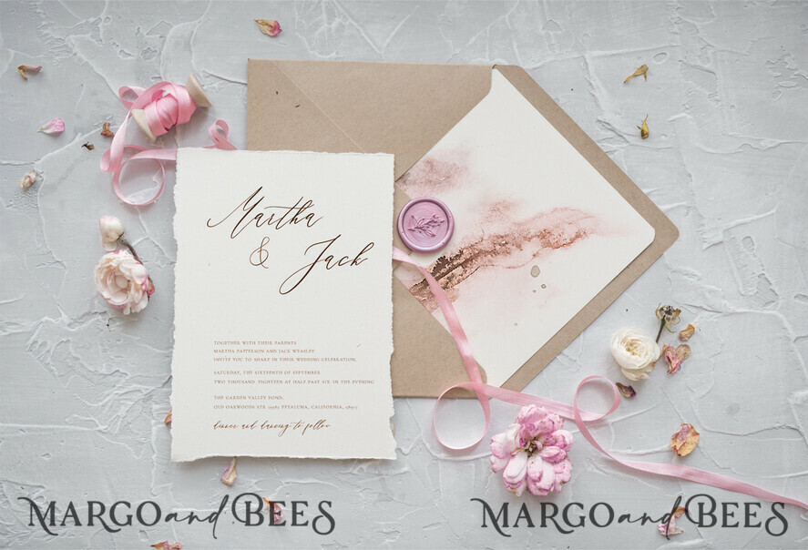 WEDDING INVITATIONS Elegant Invites Classic Cards Bespoke Wedding Invitations Minimalist Stationery with Silk Bow Cotton Ivory Paper Envelope ombre Liner